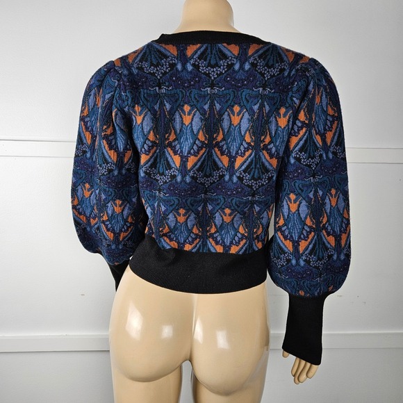 Cara Cara Armelle Puff Sleeve Art Nouveau Deco Print Merino Wool Sweater Size L - Picture 2 of 10